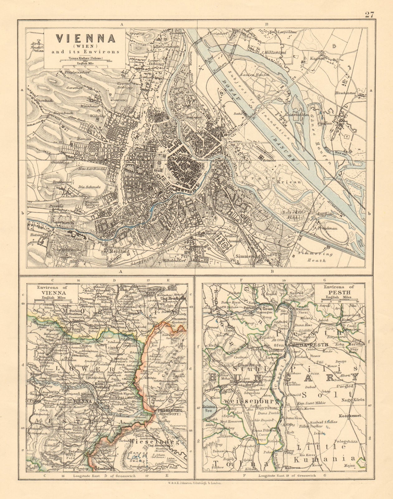 VIENNA City plan & environs Also Budapest environs Austria-Hungary 1892 map